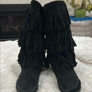 Minnetonka Black Triple Layer Fringe Suede Boots